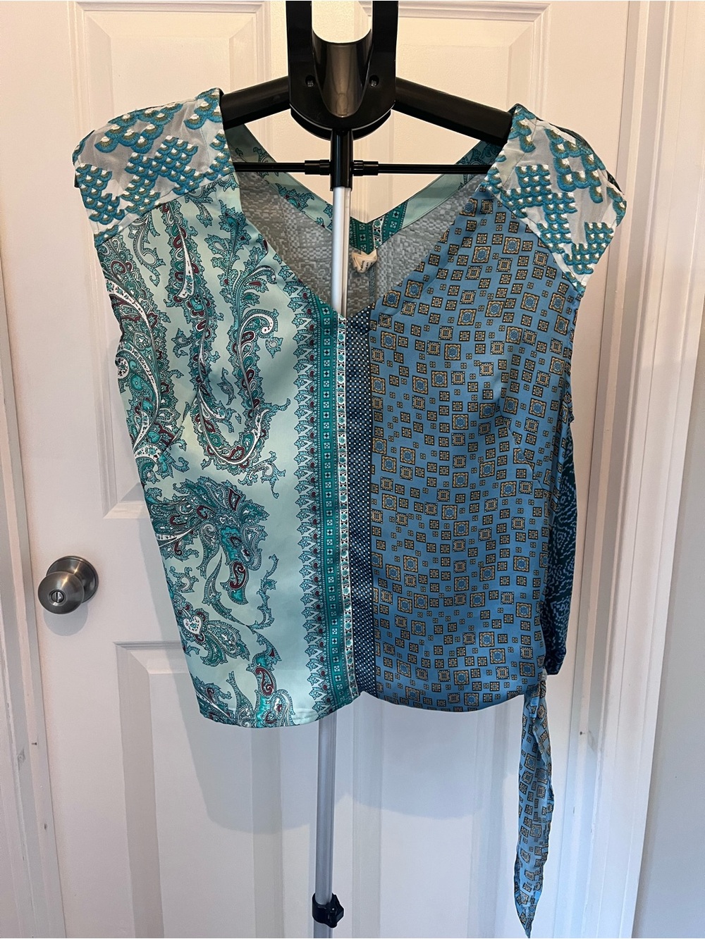 TINY Patchwork Teal V-Neck Blouse with Side Tie - Size Small